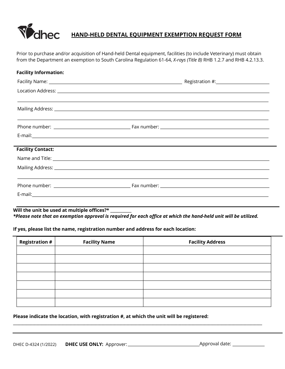 DHEC Form 4324 Hand-Held Dental Equipment Exemption Request Form - South Carolina, Page 1