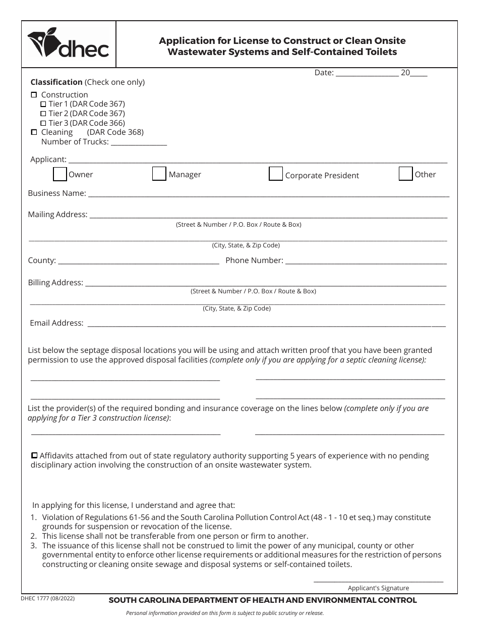DHEC Form 1777 Application for License to Construct or Clean Onsite Wastewater Systems and Self-contained Toilets - South Carolina, Page 1