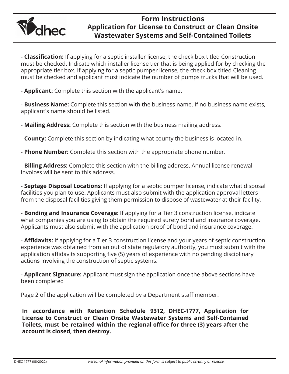 DHEC Form 1777 Application for License to Construct or Clean Onsite Wastewater Systems and Self-contained Toilets - South Carolina, Page 3