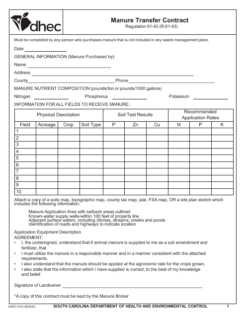 DHEC Form 4153  Printable Pdf