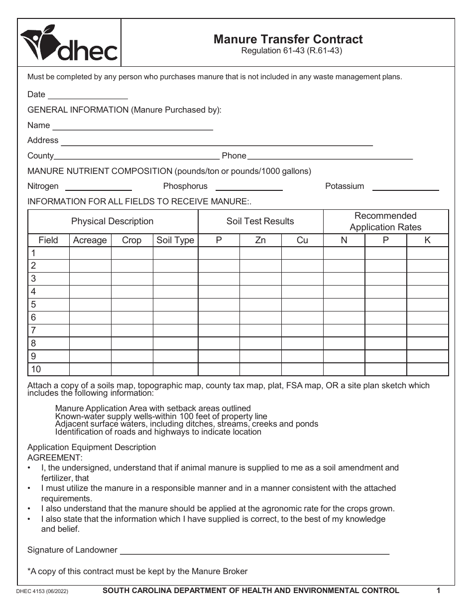 DHEC Form 4153 Manure Transfer Contract - South Carolina, Page 1