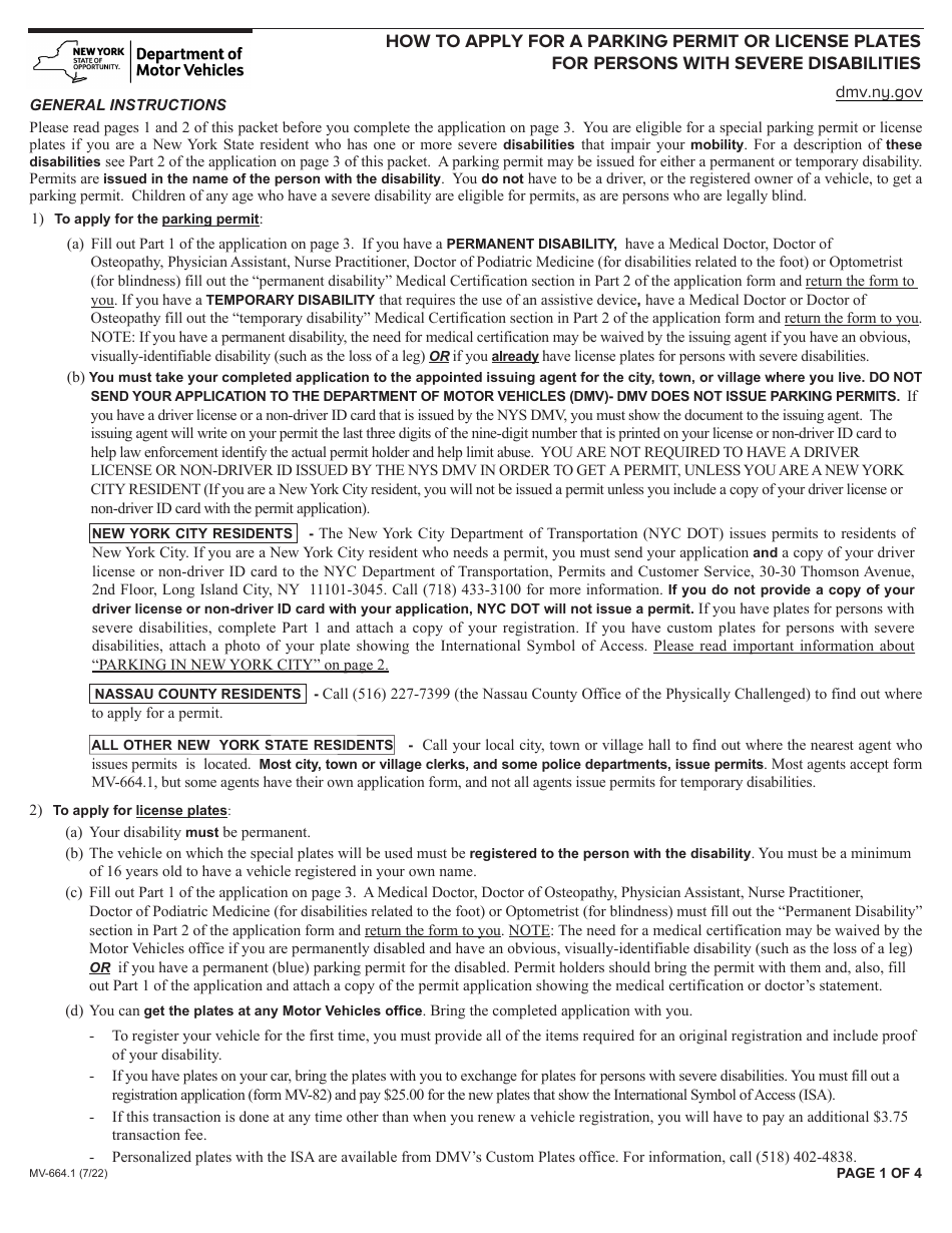 Form MV-664.1 Application for a Parking Permit or License Plates, for Persons With Severe Disabilities - New York, Page 1