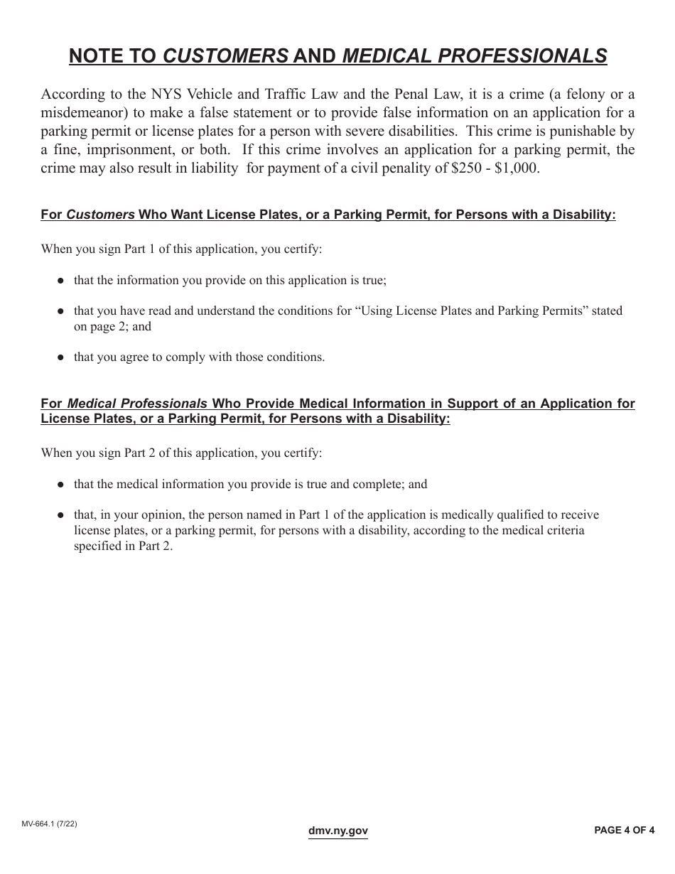 Form MV-664.1 Application for a Parking Permit or License Plates, for Persons With Severe Disabilities - New York, Page 4