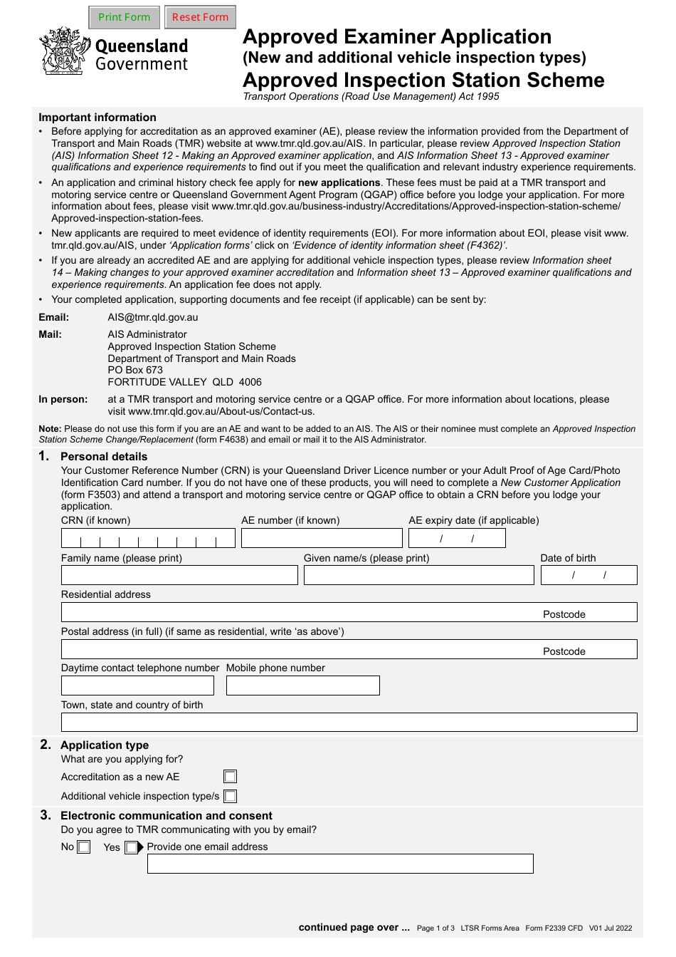 Form F2339 Approved Examiner Application (New and Additional Vehicle Inspection Types) - Approved Inspection Station Scheme - Queensland, Australia, Page 1