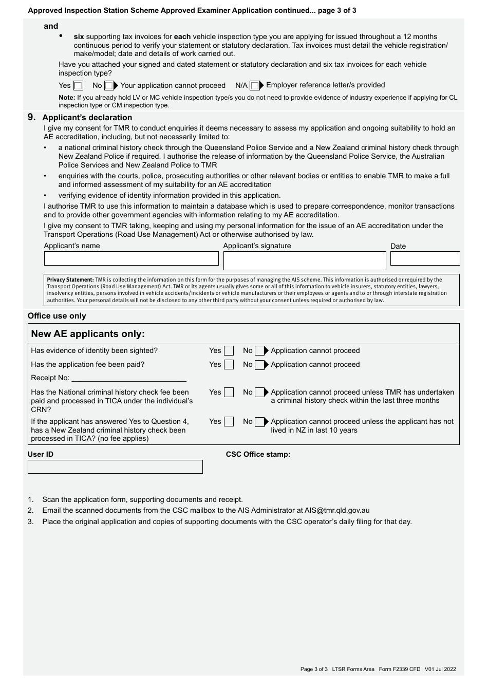 Form F2339 Approved Examiner Application (New and Additional Vehicle Inspection Types) - Approved Inspection Station Scheme - Queensland, Australia, Page 3