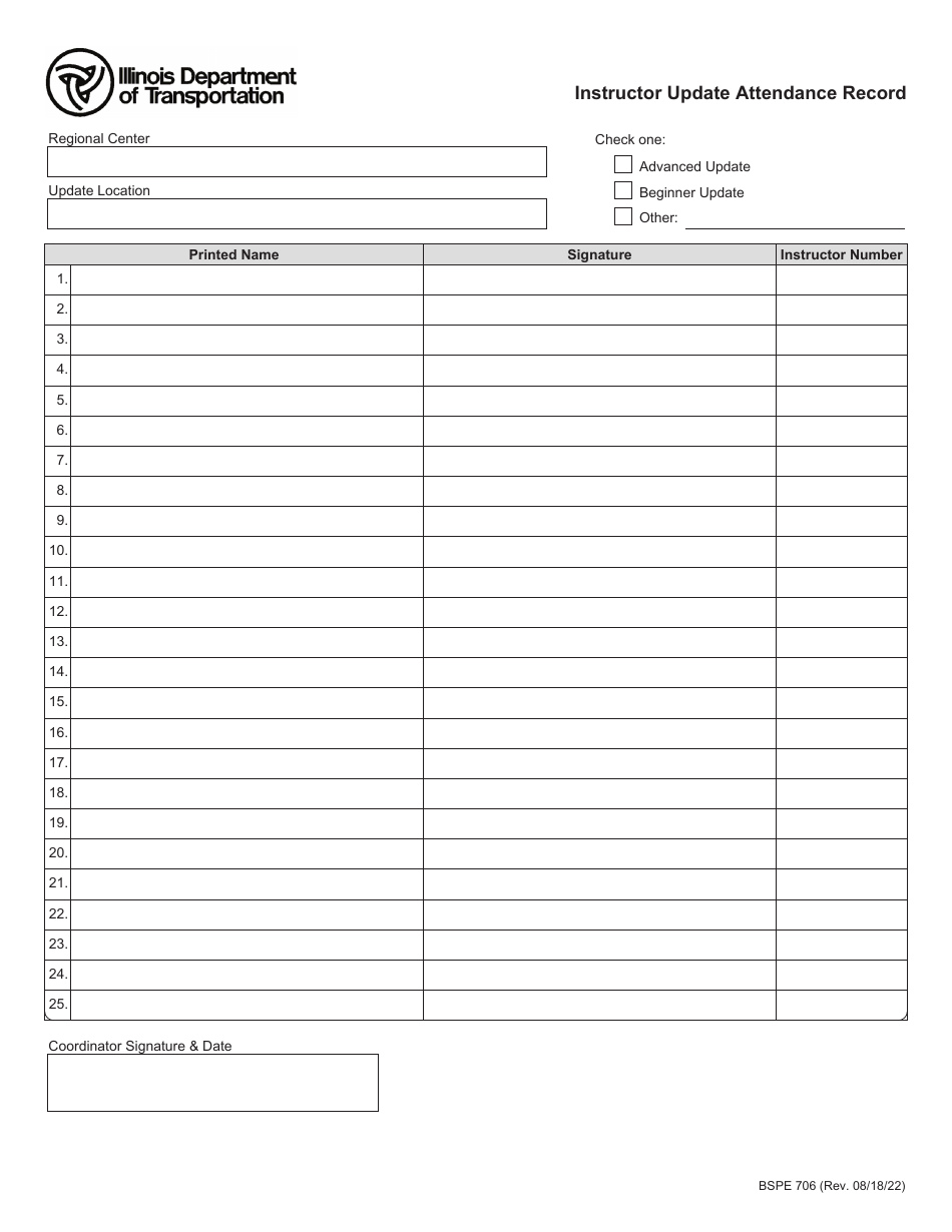 Form BSPE706 Download Fillable PDF or Fill Online Instructor Update Attendance Record, Illinois