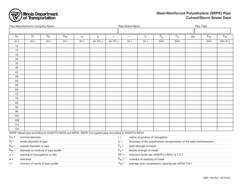 Form BBS156 Steel-Reinforced Polyethylene (Srpe) Pipe Culvert / Storm Sewer Data - Illinois, Page 1