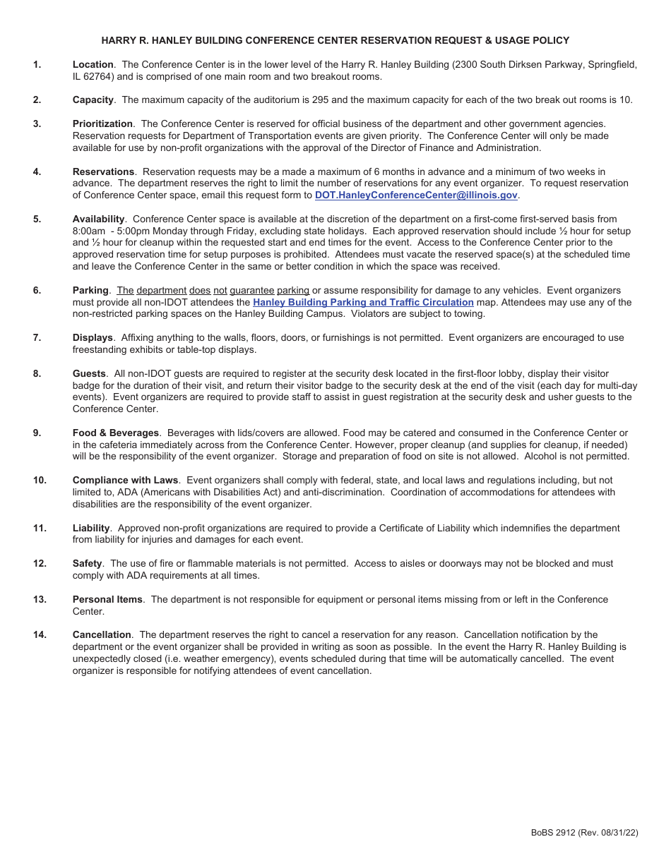 Form BoBS2912 Hanley Building Conference Center Reservation Request - Illinois, Page 2