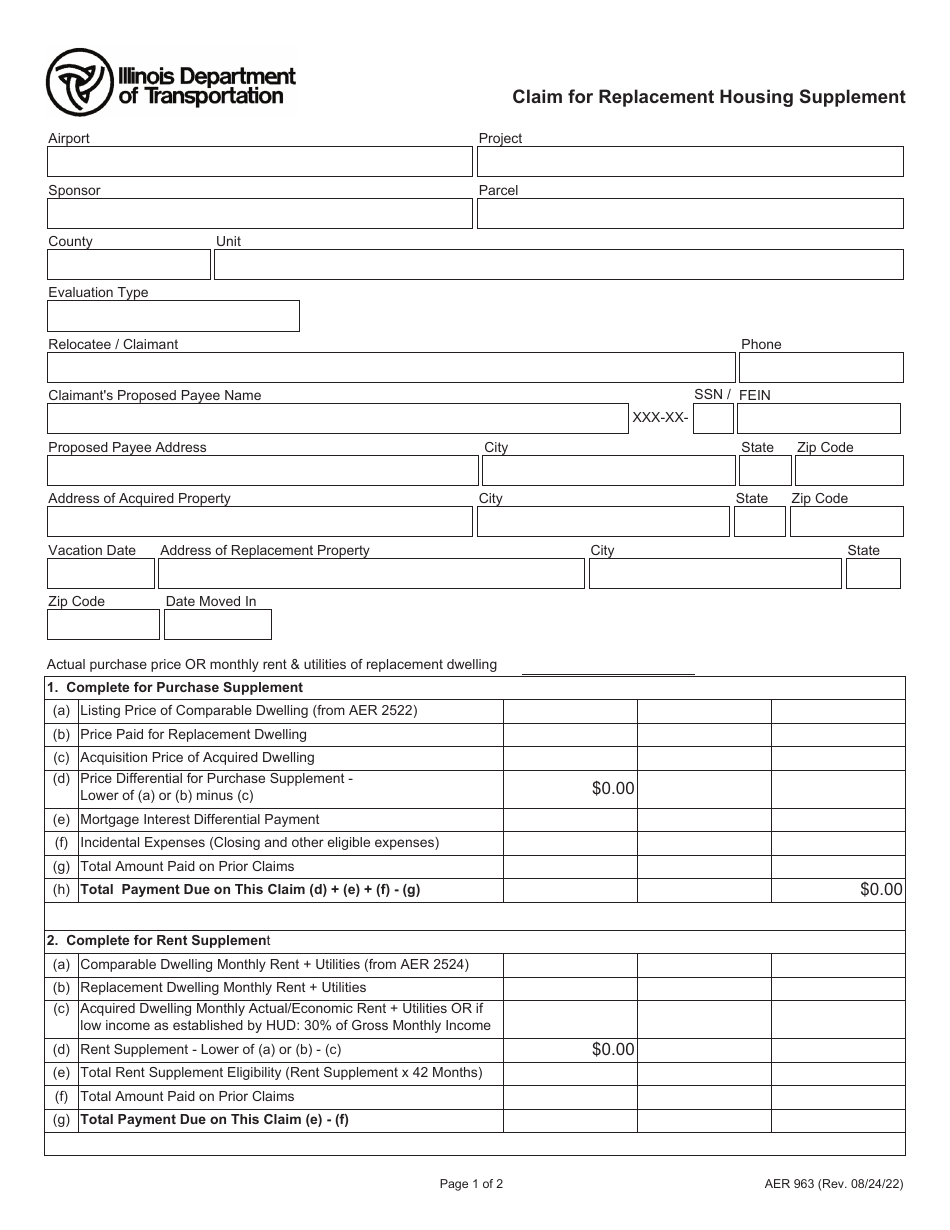 Form AER963 Claim for Replacement Housing Supplement - Illinois, Page 1