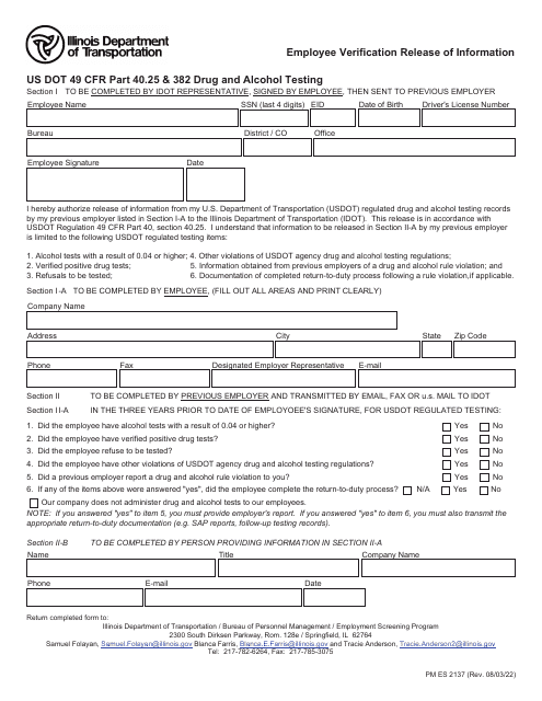 Form PM ES2137 Employee Verification Release of Information - Illinois