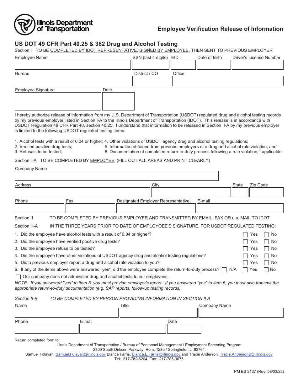 Form PM ES2137 Employee Verification Release of Information - Illinois, Page 1