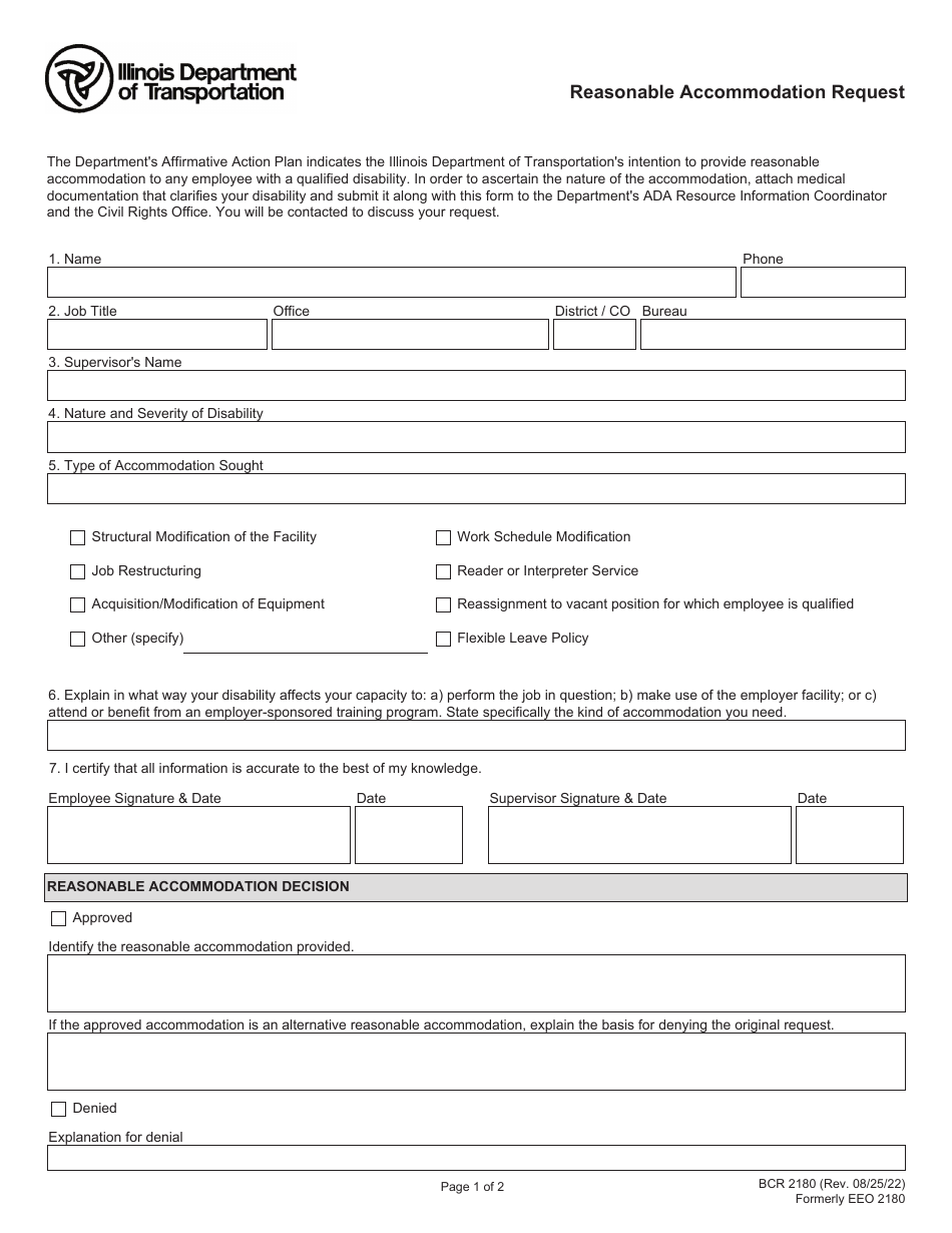 Form BCR2180 Reasonable Accommodation Request - Illinois, Page 1