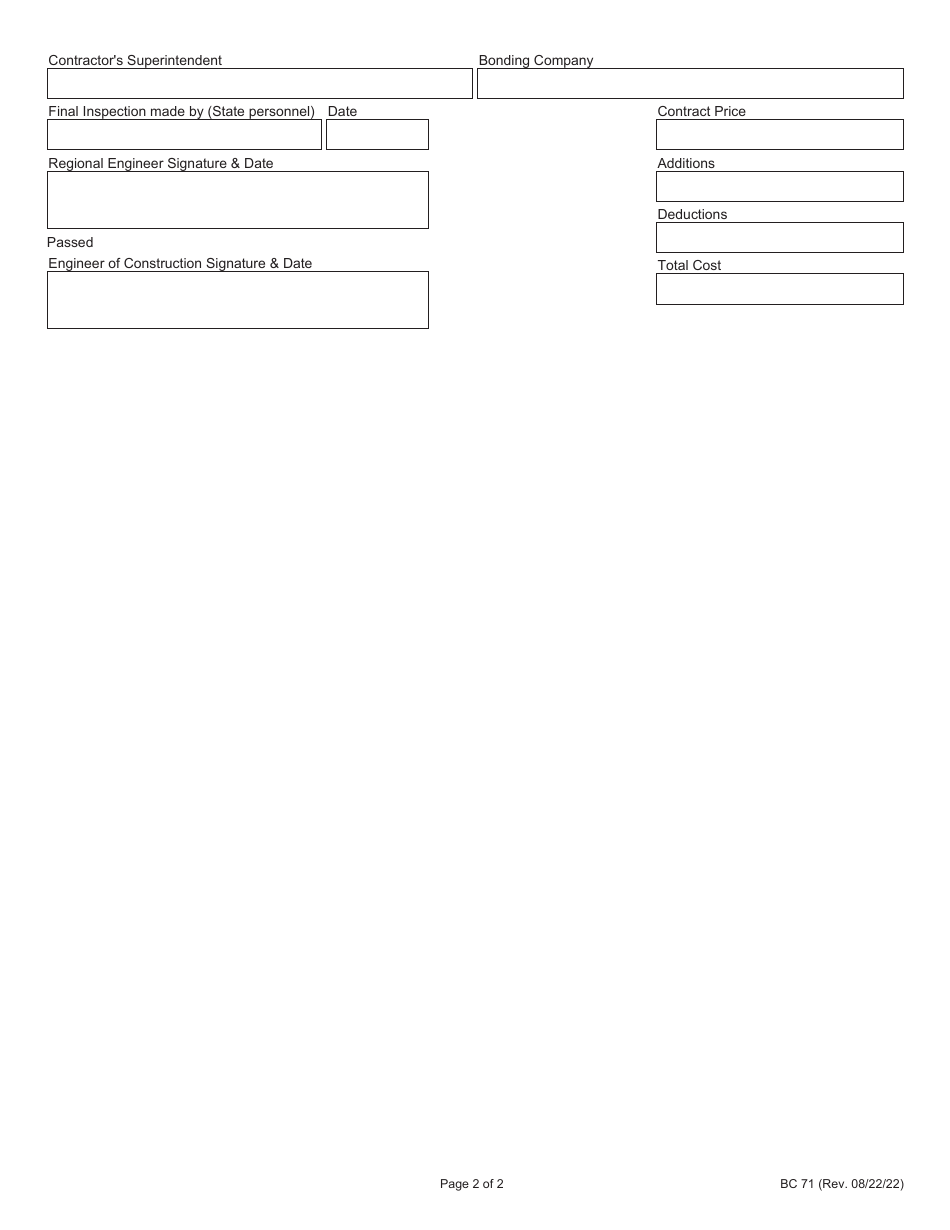 Form BC71 Final Inspection Report of State Road Work - Illinois, Page 2