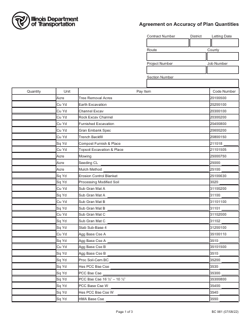 Form BC981 Agreement on Accuracy of Plan Quantities - Illinois