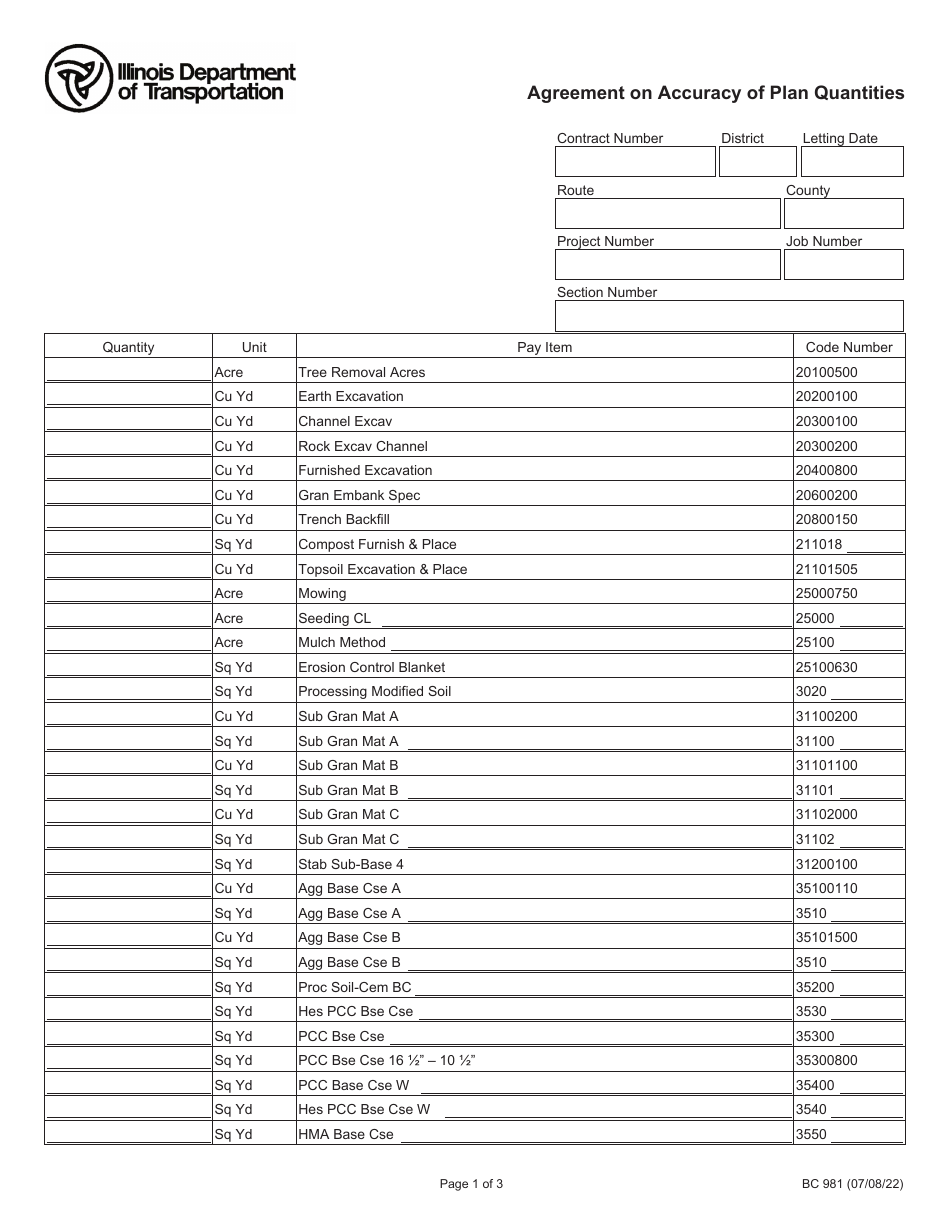 Form BC981 Agreement on Accuracy of Plan Quantities - Illinois, Page 1