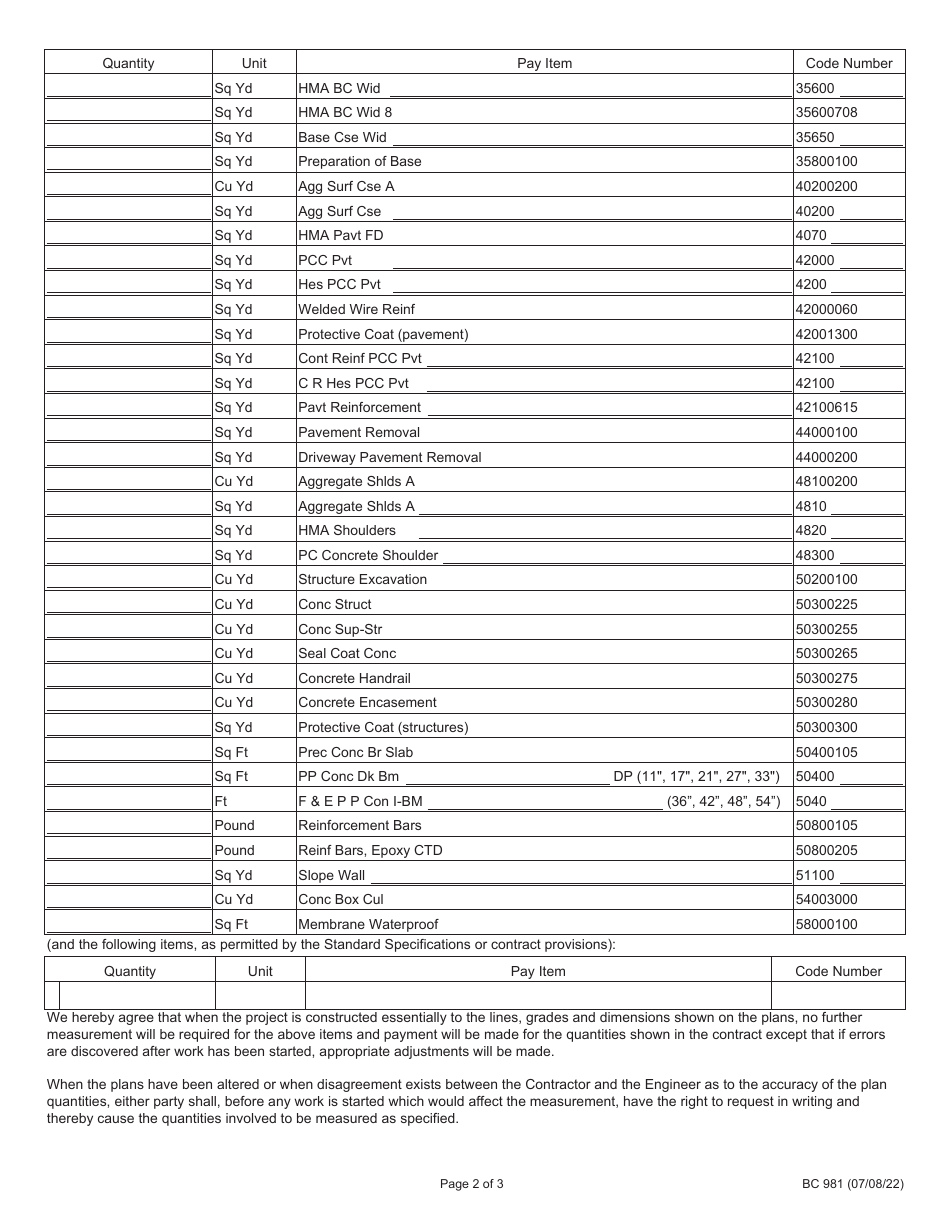 Form BC981 Agreement on Accuracy of Plan Quantities - Illinois, Page 2