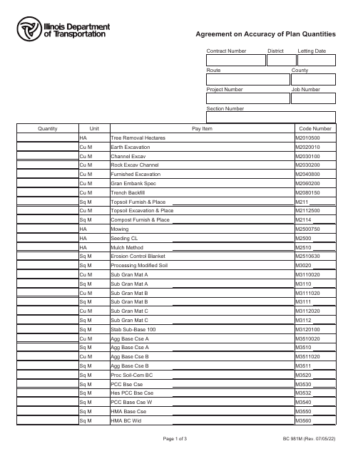 Form BC981M Agreement on Accuracy of Plan Quantities - Illinois