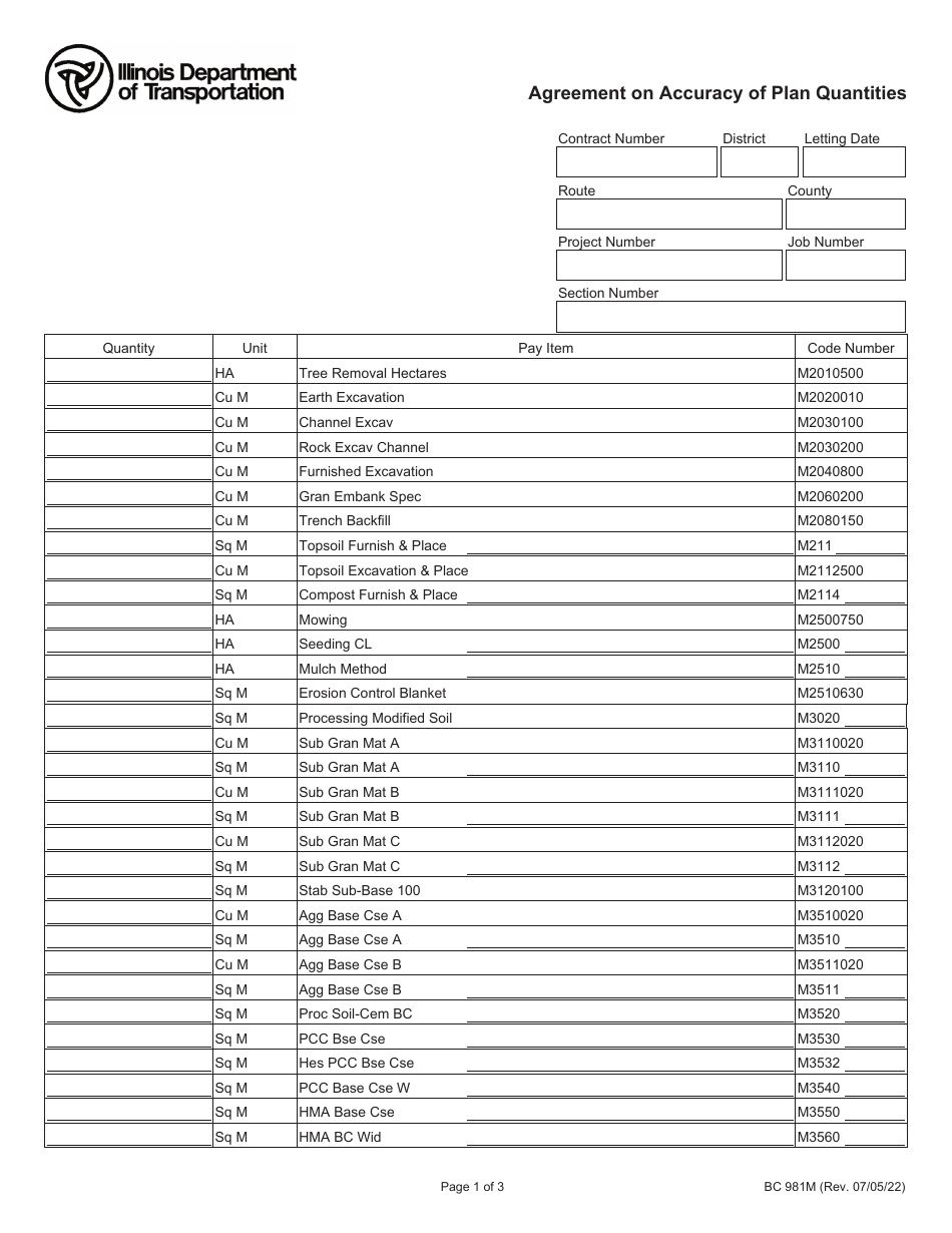 Form BC981M Agreement on Accuracy of Plan Quantities - Illinois, Page 1