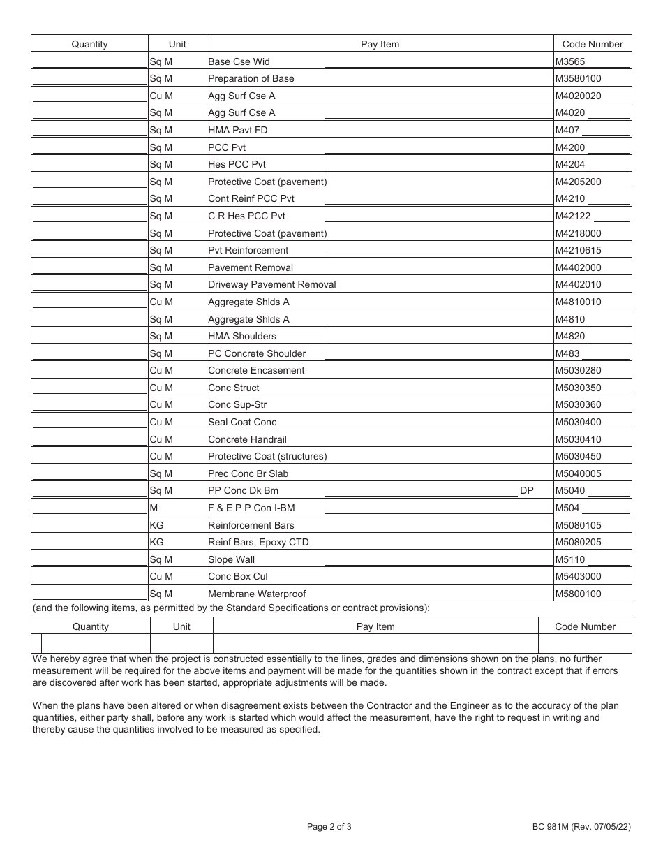 Form BC981M Agreement on Accuracy of Plan Quantities - Illinois, Page 2