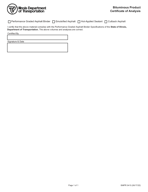 Form BMPR3415 Bituminous Product Certificate of Analysis - Illinois