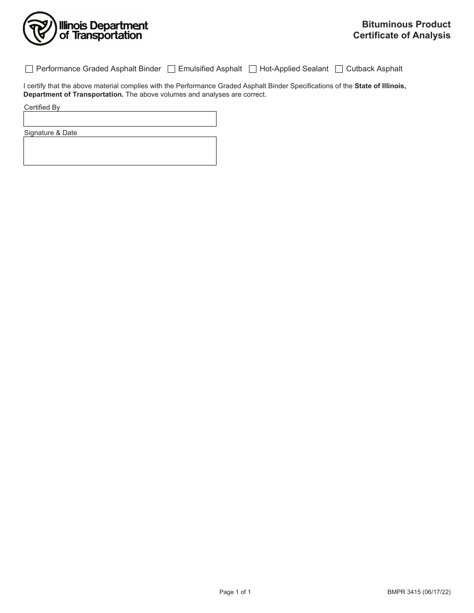 Form BMPR3415 Bituminous Product Certificate of Analysis - Illinois, Page 1