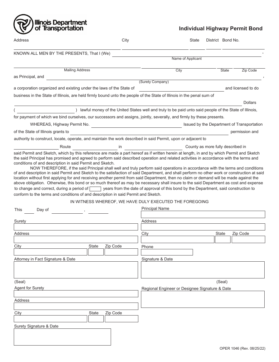 Form OPER1046 Individual Highway Permit Bond - Illinois, Page 1
