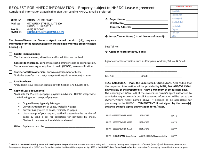 Request for Hhfdc Information - Property Subject to Hhfdc Lease Agreement - Hawaii Download Pdf