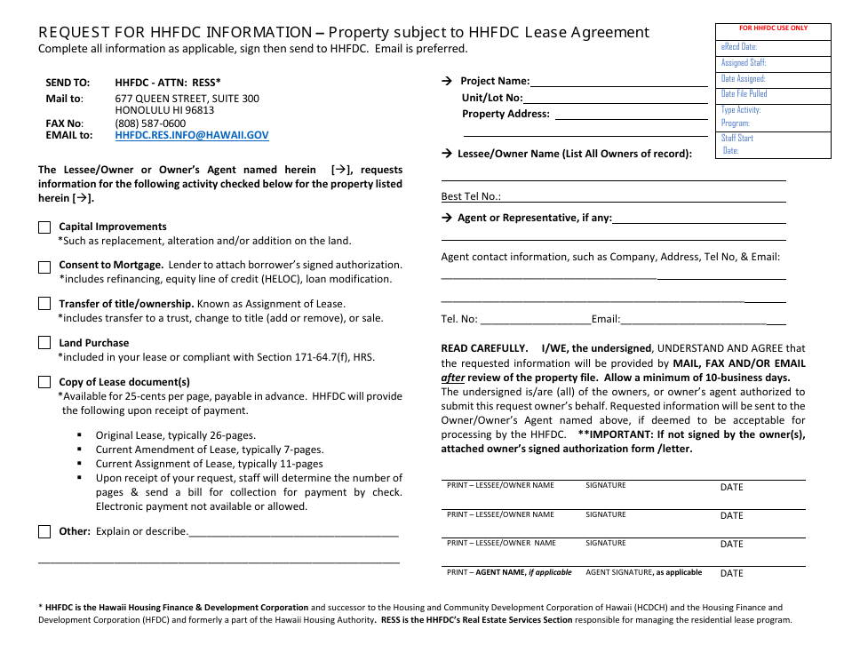 Hawaii Request for Hhfdc Information Property Subject to Hhfdc Lease