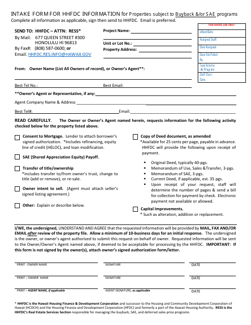 Intake Form for Hhfdc Information for Properties Subject to Buyback & / Or Sae Programs - Hawaii Download Pdf