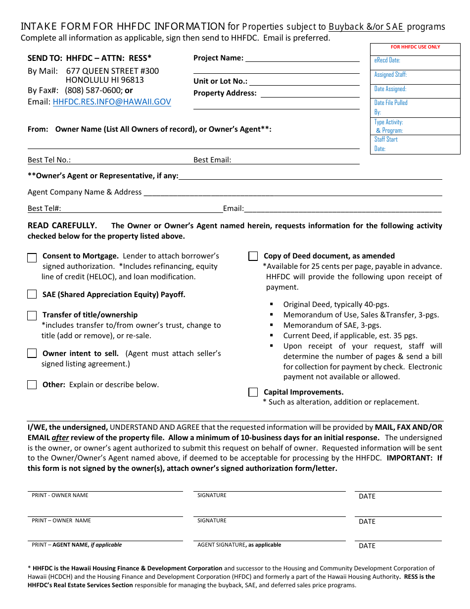 Hawaii Intake Form for Hhfdc Information for Properties Subject to