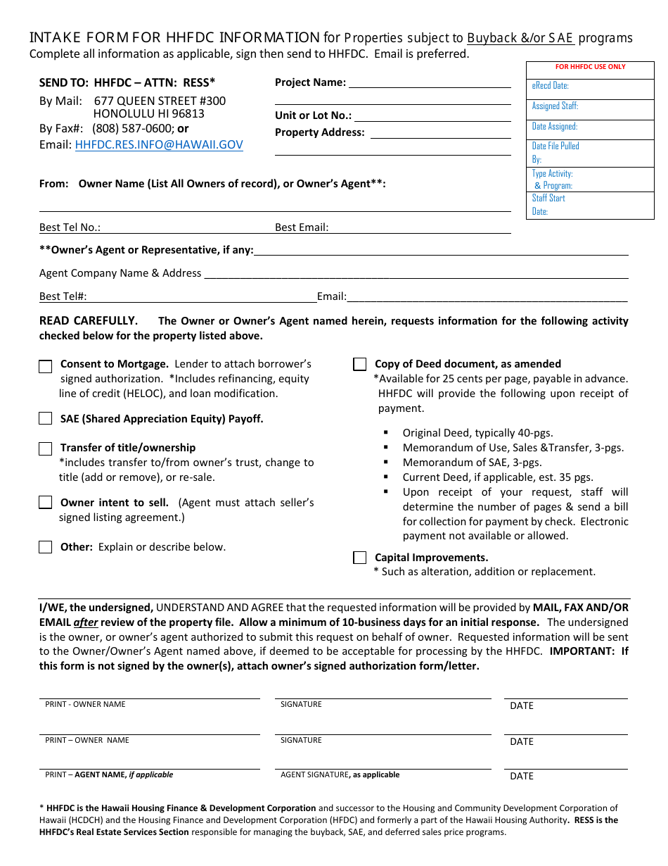 Intake Form for Hhfdc Information for Properties Subject to Buyback  / Or Sae Programs - Hawaii, Page 1