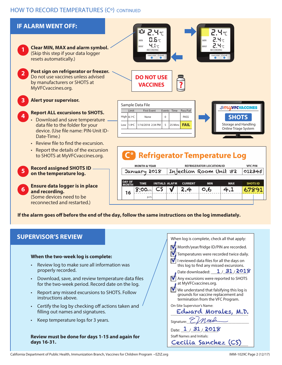 Form IMM-1029C How to Record Temperatures (Celsius) for Refrigerators and Freezers - California, Page 2