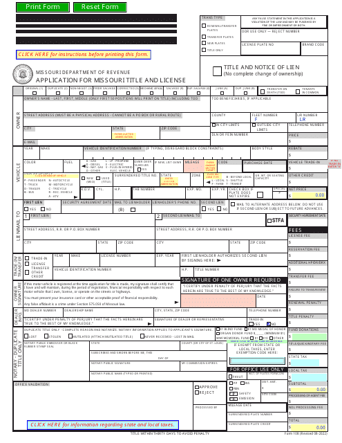 Form 108 Application for Missouri Title and License - Missouri