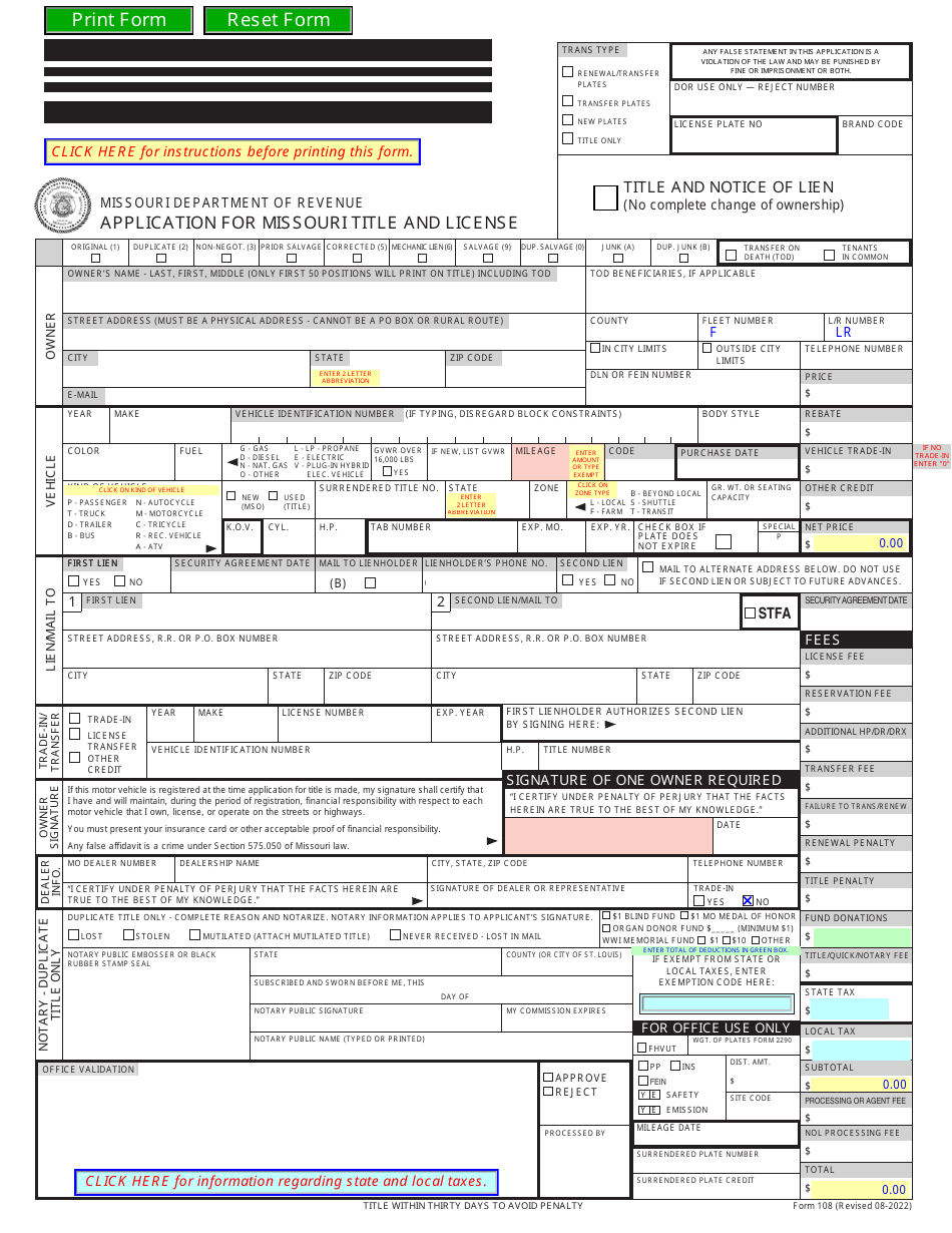 Form 108 Application for Missouri Title and License - Missouri, Page 1