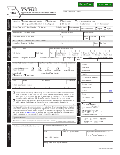 Form 184 Application for Motor Vehicle License - Missouri