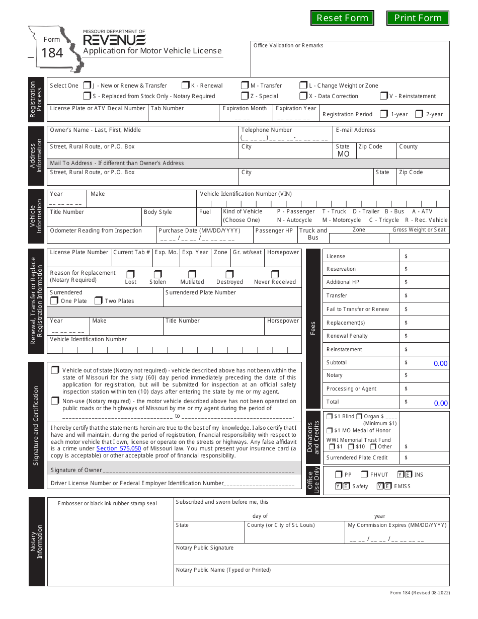 Form 184 Application for Motor Vehicle License - Missouri, Page 1