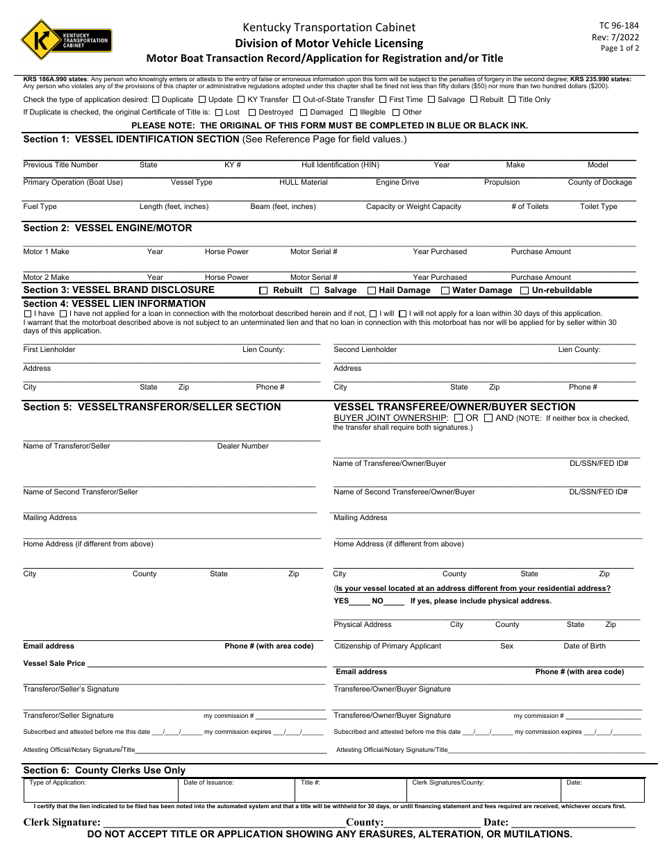Form TC96-184 Motor Boat Transaction Record / Application for Registration and / or Title - Kentucky, Page 1