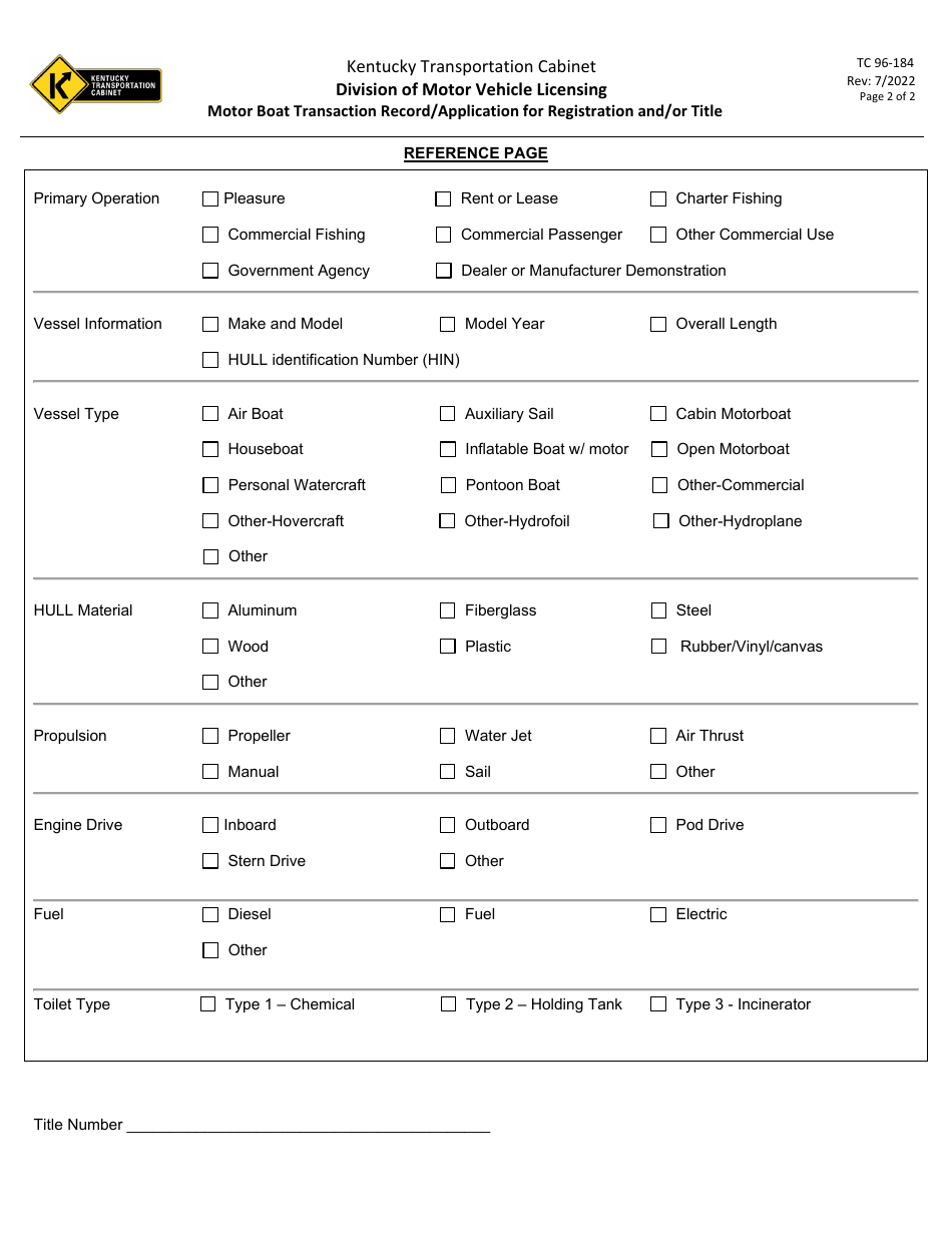 Form TC96-184 Motor Boat Transaction Record / Application for Registration and / or Title - Kentucky, Page 2