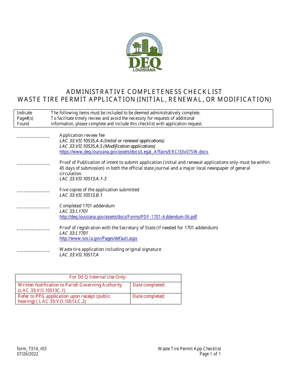 Form 7314 Administrative Completeness Checklist Waste Tire Permit Application (Initial, Renewal, or Modification) - Louisiana, Page 1