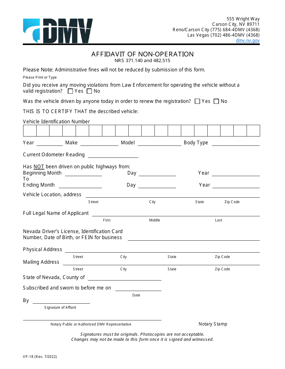 Form VP-18 Affidavit of Non-operation - Nevada, Page 1