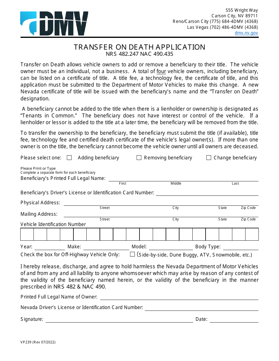 Form VP239 Transfer on Death Application - Nevada, Page 1