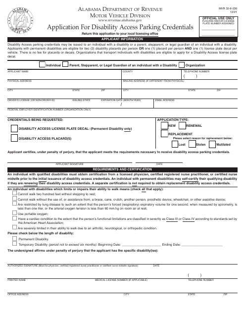Form MVR32-6-230 Application for Disability Access Parking Credentials - Alabama