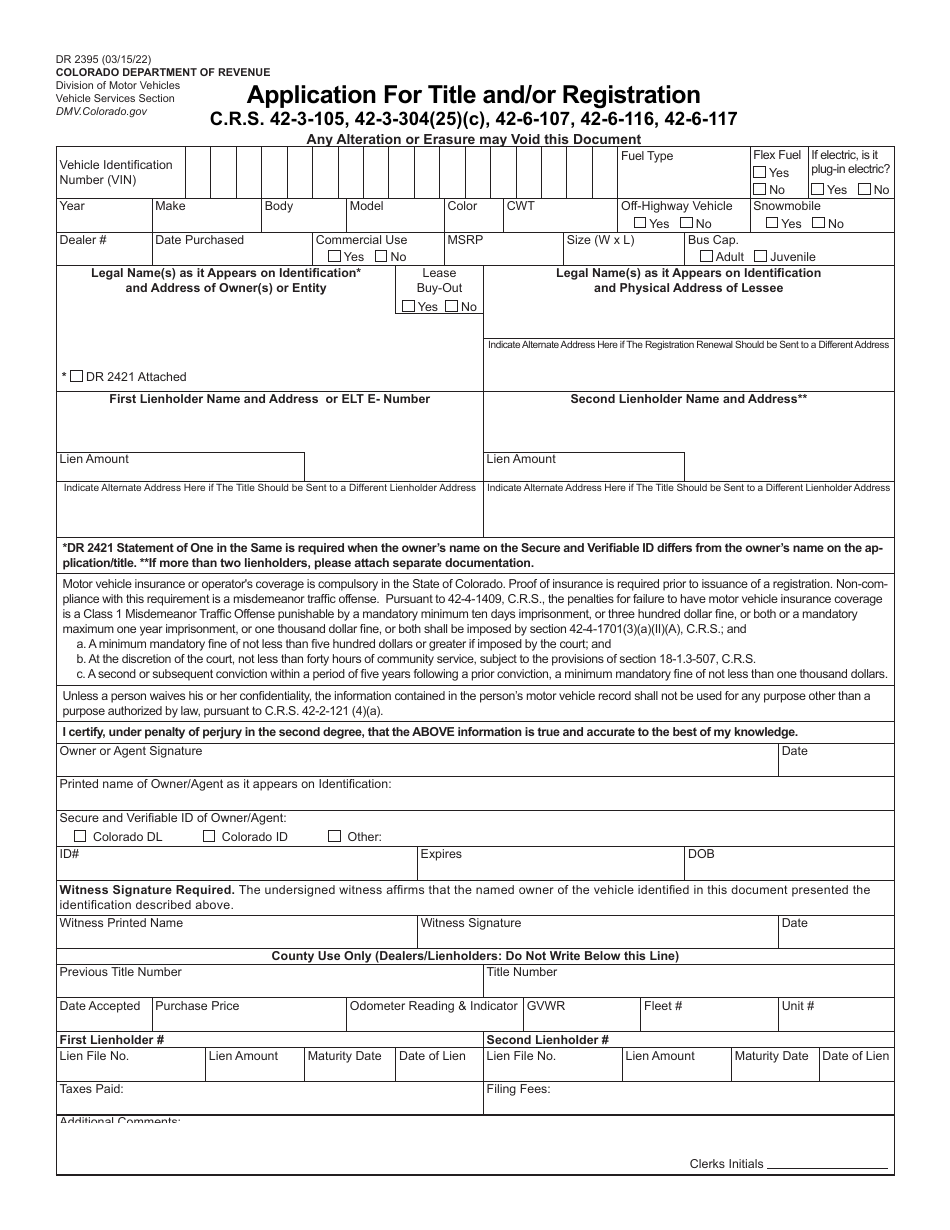 Form DR2395 Application for Title and / or Registration - Colorado, Page 1