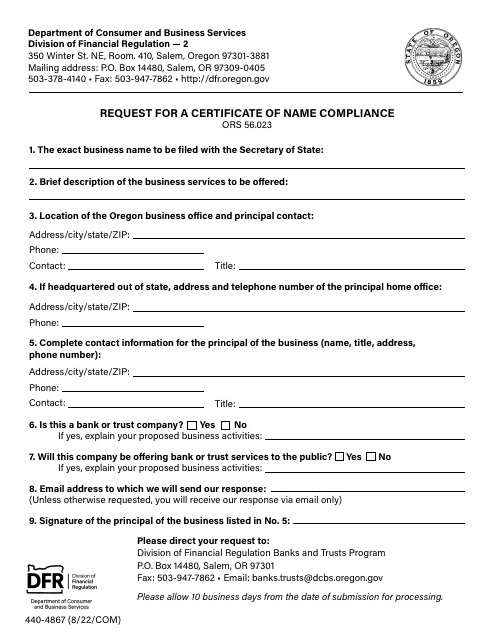 Form 440-4867 Request for a Certificate of Name Compliance - Oregon