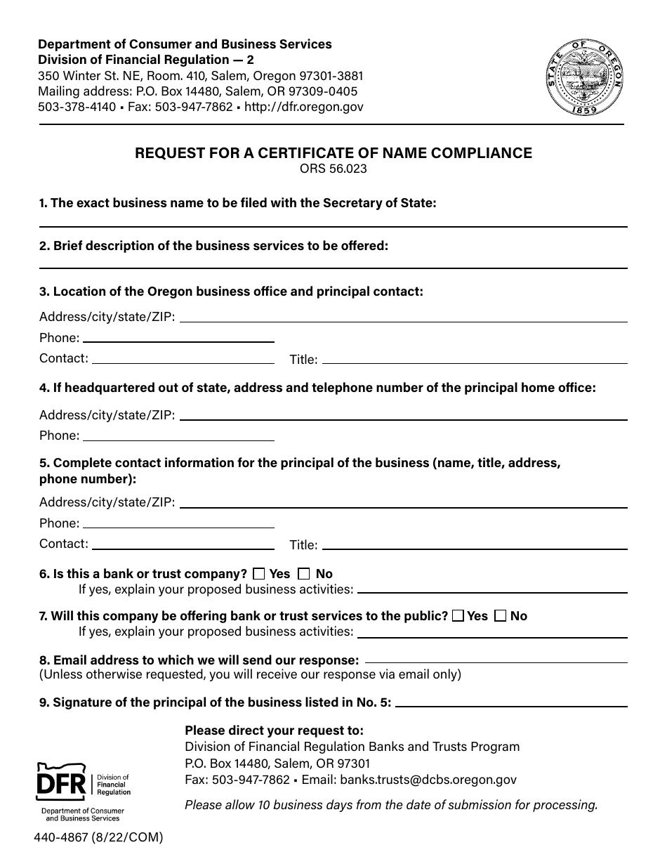 Form 440-4867 Request for a Certificate of Name Compliance - Oregon, Page 1
