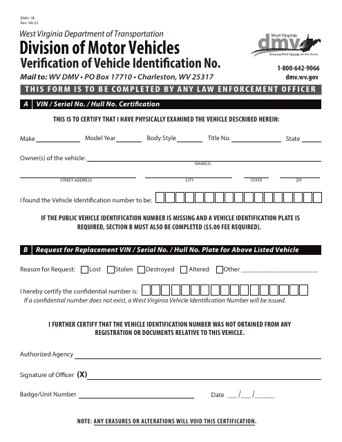 Form DMV-1B Verification of Vehicle Identification Number (Vin) - West Virginia