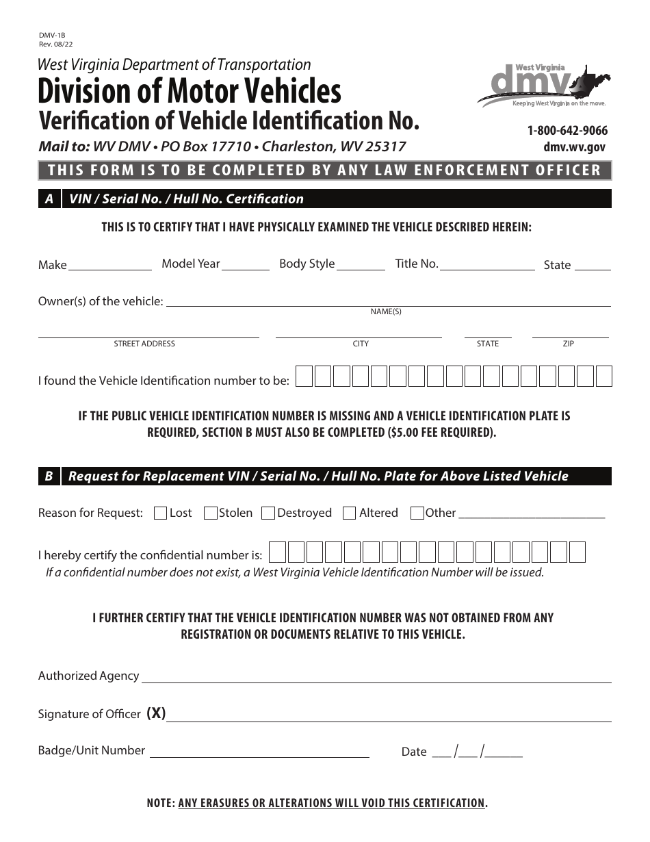 Form DMV-1B Verification of Vehicle Identification Number (Vin) - West Virginia, Page 1
