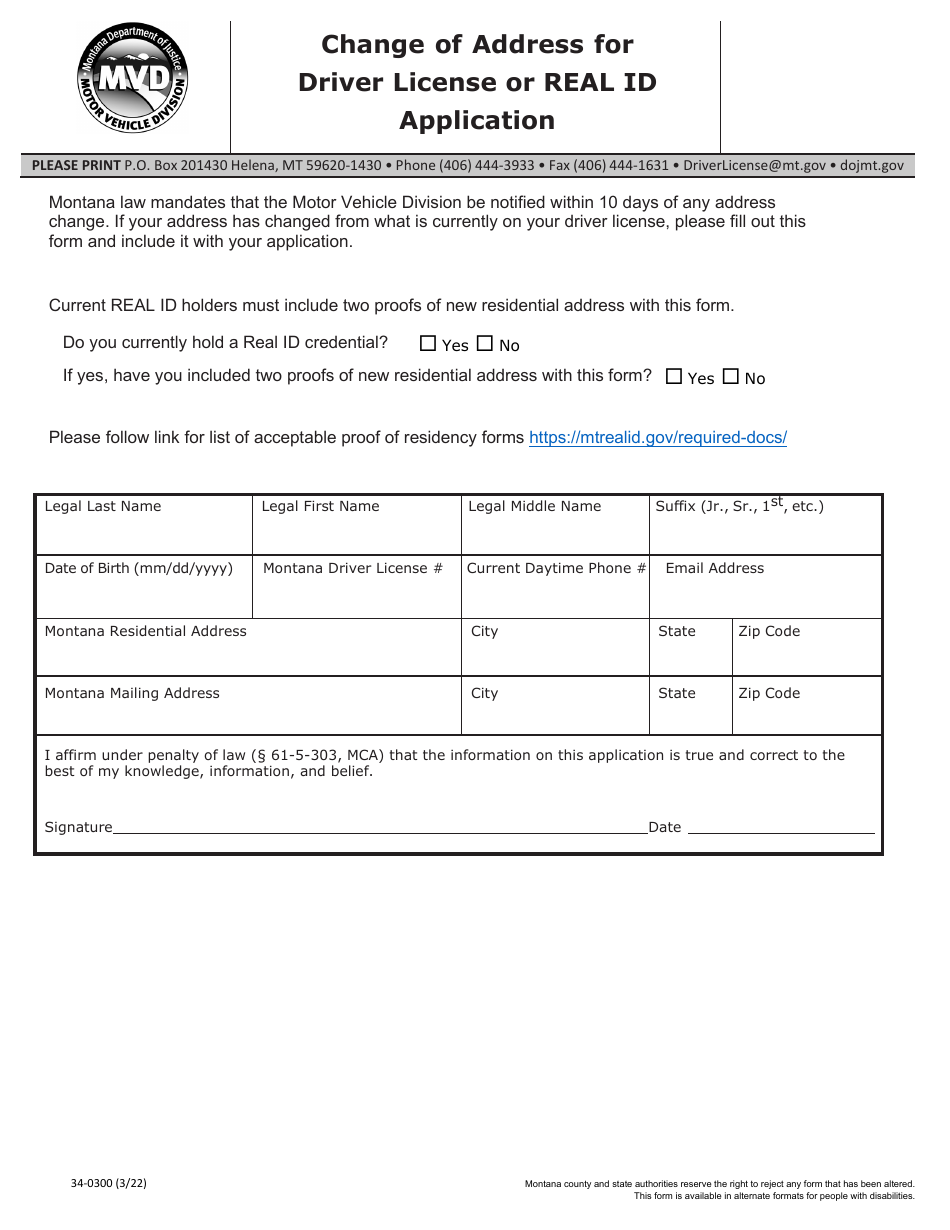 Form 34-0300 Change of Address for Driver License or Real Id Application - Montana, Page 1