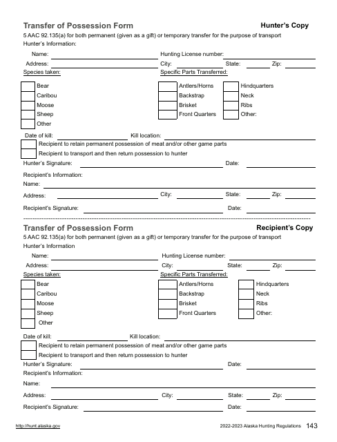 Transfer of Possession Form - Alaska, 2023