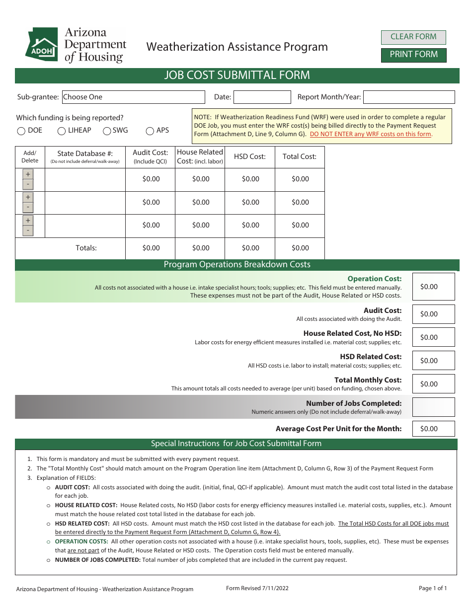 Job Cost Submittal Form - Weatherization Assistance Program - Arizona, Page 1